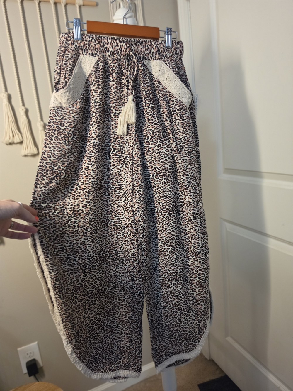 Surf Gypsy Leopard Print Light Flowy Pants with Cream Crochet Detail - Picture 2 of 7